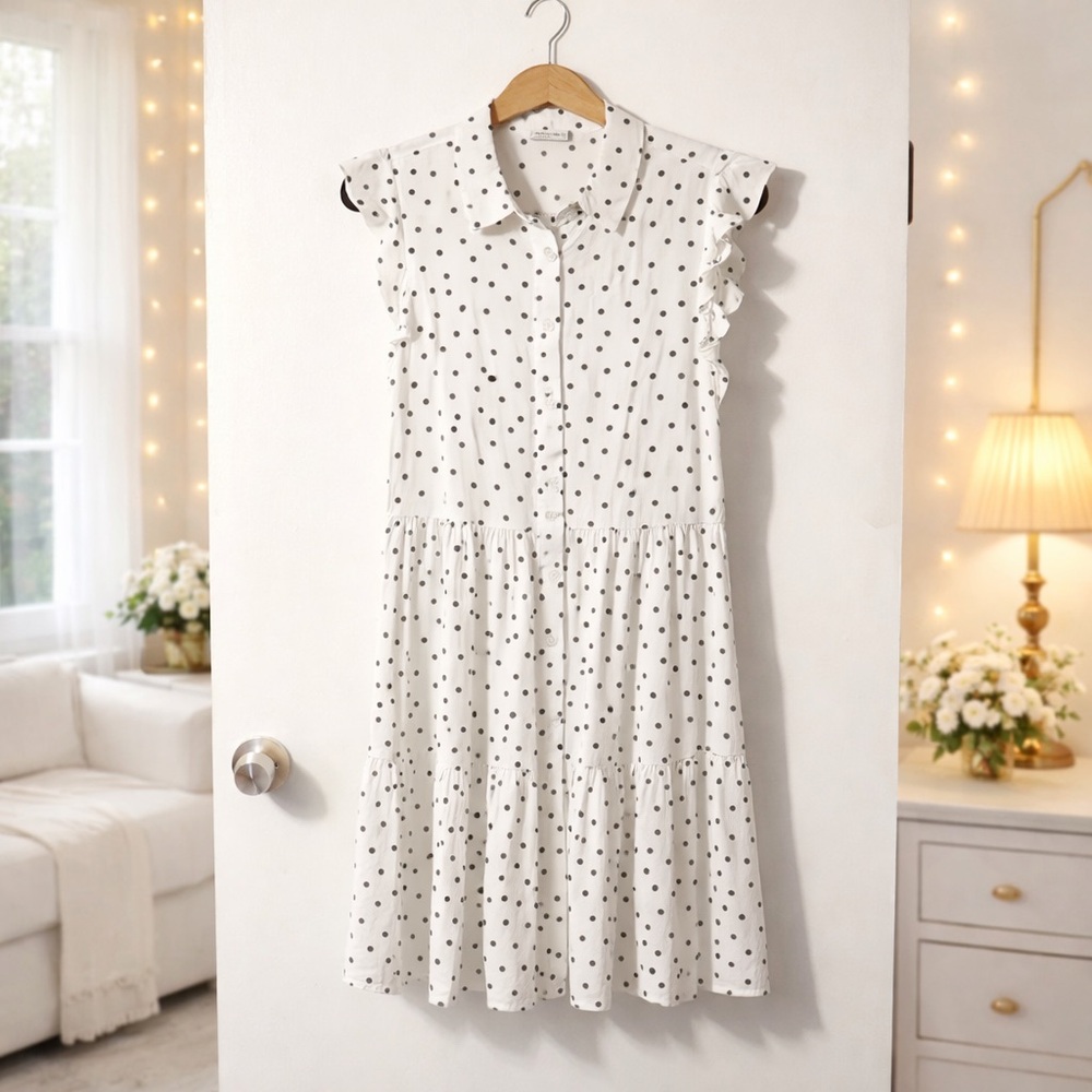 🏷️ Black and White Polka Dot Collared Tiered Midi Dress Size S